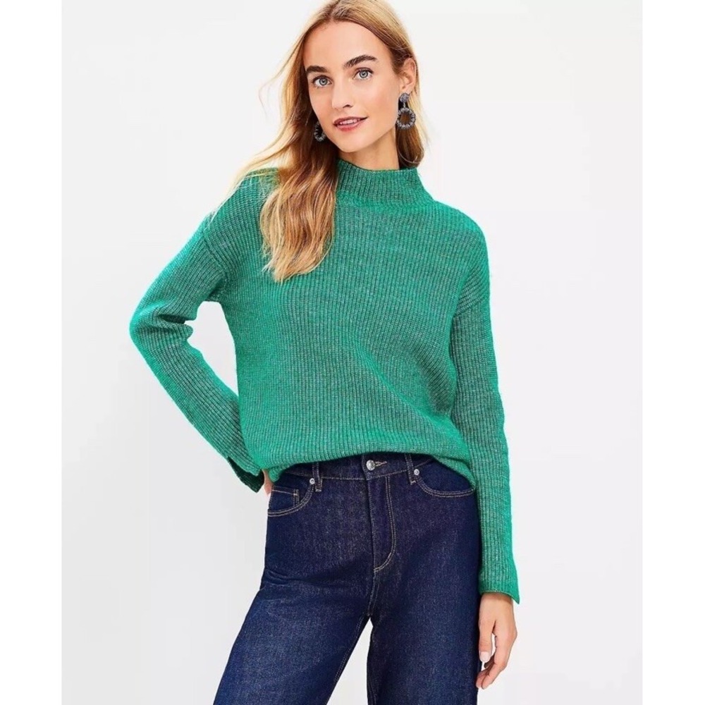 LOFT Mock Neck Ribbed Sweater Womens Small Green Marled Knit Split Cuff Pullover